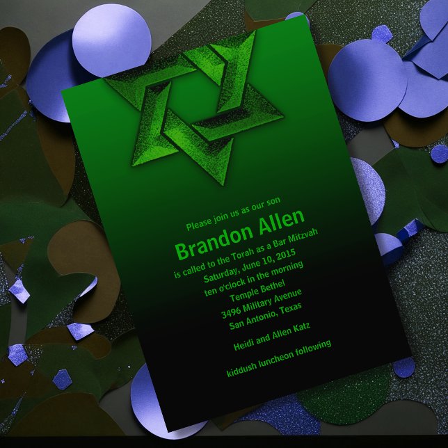 Convite Bar Mitzvah Black e Green Star de David (Criador carregado)