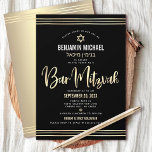 Convite Bar Mitzvah Black Gold Escrita Hebraico<br><div class="desc">Tenha orgulho, alegria e mostre este marco do seu Bar favorito Mitzvah! Envie este convite personalizado, sofisticado, sofisticado e atormentado para um evento para lembrar. Escrita gráfica de caligrafia de folha de ouro, Estrela de David, e linhas de talentos desenhadas à mão, sobrepõem um fundo preto, dramático e rico. Uma...</div>