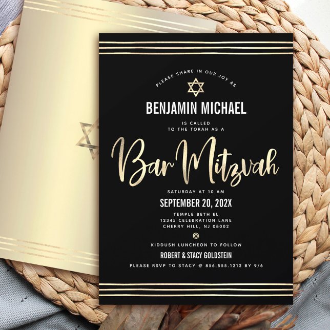 Convite Bar Mitzvah Black Gold Foil Script Bold Moderno (Criador carregado)