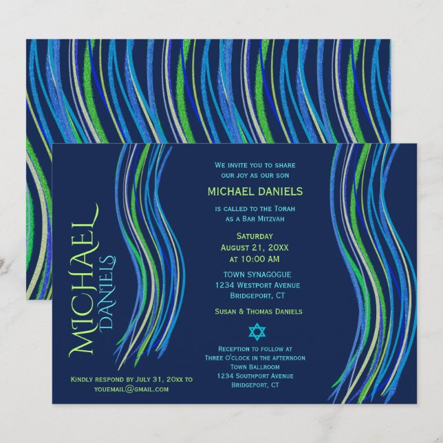Convite Bar Mitzvah Blue e Green Prayer Shawl (Frente/Verso)