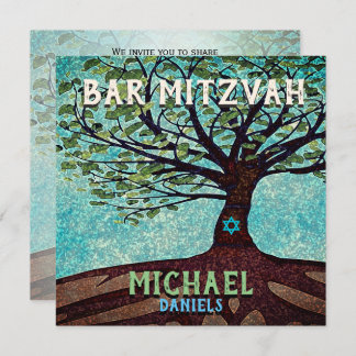 Convite Bar Mitzvah Blue e Green Tree of Life