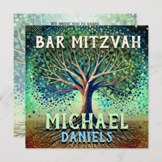 Convite Bar Mitzvah Blue e Green Tree of Life