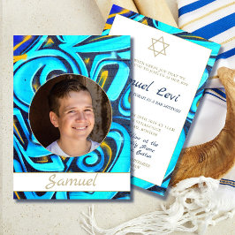 Convite Bar Mitzvah Blue Modern Photo Star De David