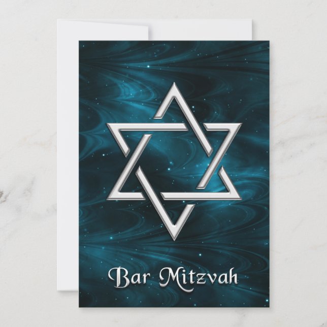 Convite Bar Mitzvah Blue Nebulae & Silver Star de David (Frente)