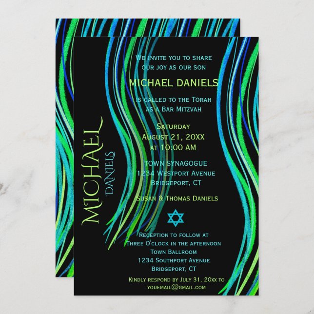 Convite Bar Mitzvah Blue Neon Green Prayer Shawl (Frente/Verso)