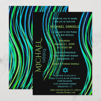 Convite Bar Mitzvah Blue Neon Green Prayer Shawl
