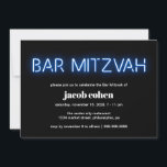 Convite Bar Mitzvah Blue Neon Lights<br><div class="desc">Legal convite do bar moderno mitzvah com "Bar Mitzvah" em luzes néon azuis brilhantes contra fundo preto.</div>
