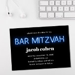 Convite Bar Mitzvah Blue Neon Lights Salva A Data<br><div class="desc">O legal bar moderno mitzvah salva o anúncio da data com "bar mitzvah" em luzes néon azuis brilhantes contra fundo preto.</div>