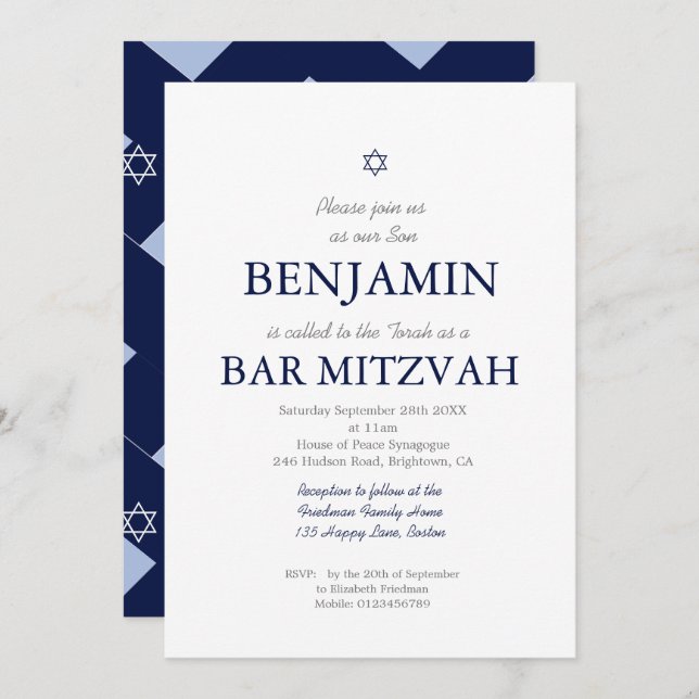Convite Bar Mitzvah Blue Pattern Star de David Jewish (Frente/Verso)