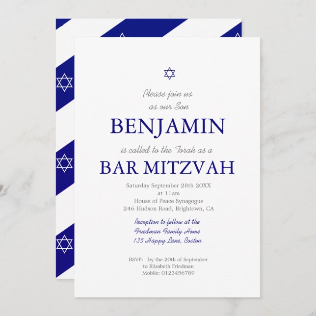 Convite Bar Mitzvah Blue Pattern Star de David Jewish I (Frente/Verso)