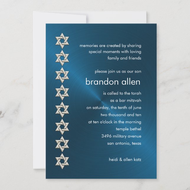 Convite Bar Mitzvah Blue Sheen Silver Stars de David (Frente)