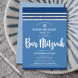 Convite Bar Mitzvah Blue Silver Tallit Modern Bold Script
