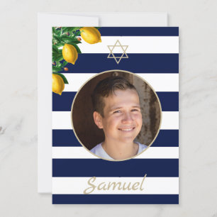 Convite Bar Mitzvah Blue Stripe Moderna Estrela de Foto de