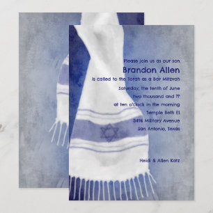 Convite Bar Mitzvah Blue White Star de David Tallit