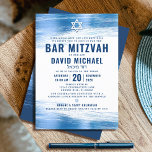 Convite Bar Mitzvah Bold Moderno Tipografia Marinho Azul F<br><div class="desc">Tenha orgulho, alegria e mostre este marco do seu Bar favorito Mitzvah! Enviar este convite legal, único, moderno e personalizado para um evento que se lembre. Traços de pincel de folha azul-clara metálico, juntamente com tipografia azul-marinho e estrela de David, sobrepõem um plano de fundo branco simples. Personalize o texto...</div>