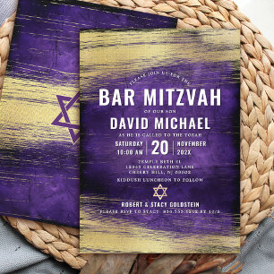 Convite Bar Mitzvah Bold Type Folha Dourada Roxa Moderna