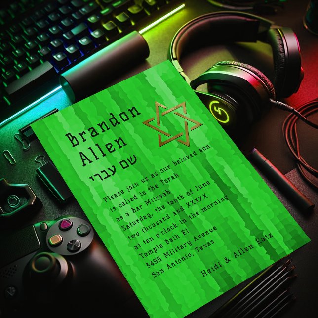 Convite Bar Mitzvah Bright Green Techno Streaks (Criador carregado)