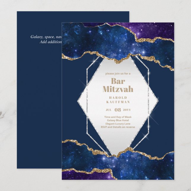 Convite BAR MITZVAH CARDS Celestial CÉus Azul Galáxia Dour (Frente/Verso)