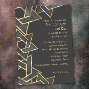 Convite Bar Mitzvah Cinza Escura Estrela Dourada de David