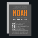 Convite BAR MITZVAH cinza laranja do tipo bloco ousado mod<br><div class="desc">por kat massard >> WWW.SIMPLYSWEETPAPERIE.COM <<< - - - - - - - - - - - CONTATE ME para ajudar a equilibrar seu tipo perfeitamente Adore o design, mas gostaria de ver algumas mudanças - outro esquema de cores, produto, adicionar uma foto ou adaptado para uma ocasião diferente -...</div>