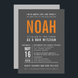 Convite BAR MITZVAH cinza laranja do tipo bloco ousado mod<br><div class="desc">por kat massard >> WWW.SIMPLYSWEETPAPERIE.COM <<< - - - - - - - - - - - CONTATE ME para ajudar a equilibrar seu tipo perfeitamente Adore o design, mas gostaria de ver algumas mudanças - outro esquema de cores, produto, adicionar uma foto ou adaptado para uma ocasião diferente -...</div>