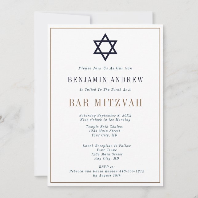 Convite Bar Mitzvah Clássico Azul Marinho Dourado Estrela  (Frente)