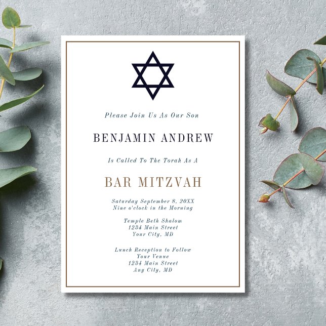Convite Bar Mitzvah Clássico Azul Marinho Dourado Estrela  (Classic Navy Blue Gold Star of David Bar Mitzvah Invitation. Formal Traditional)