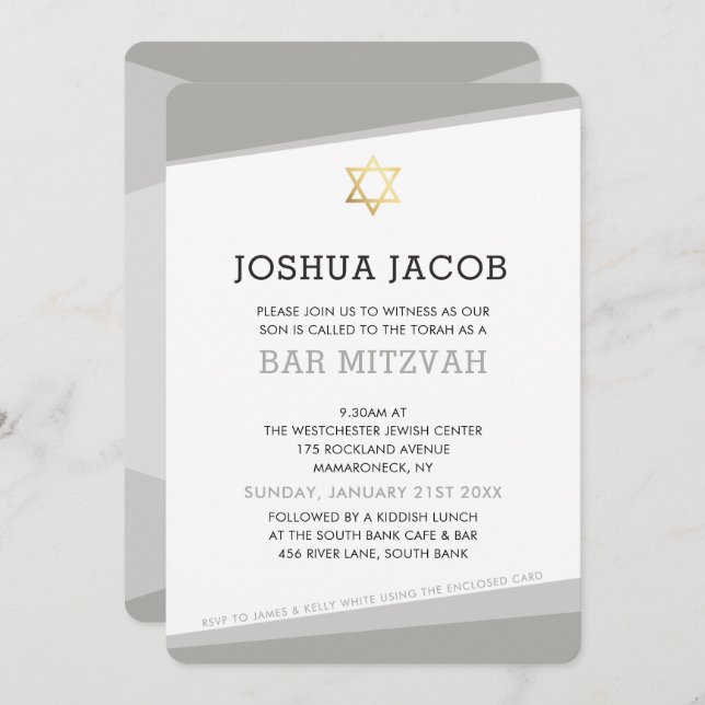 Convite BAR MITZVAH CONVIDA cinzas legal simples e moderna (Frente/Verso)
