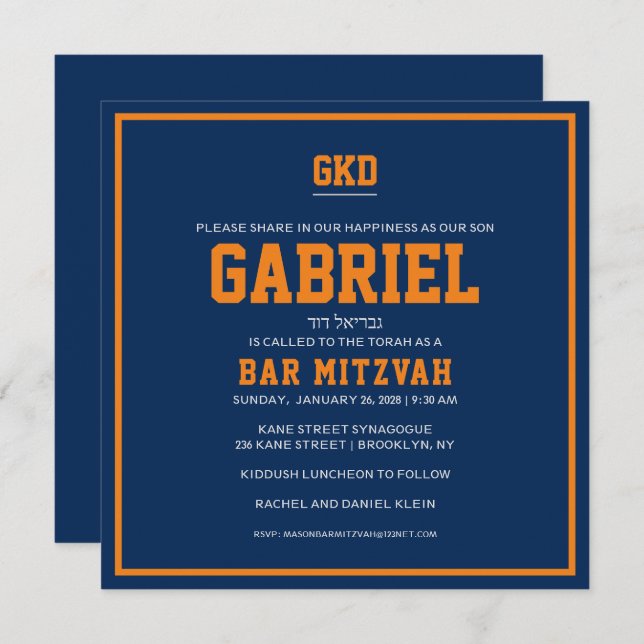 Convite Bar Mitzvah convida Orange & Blue Sports (Frente/Verso)