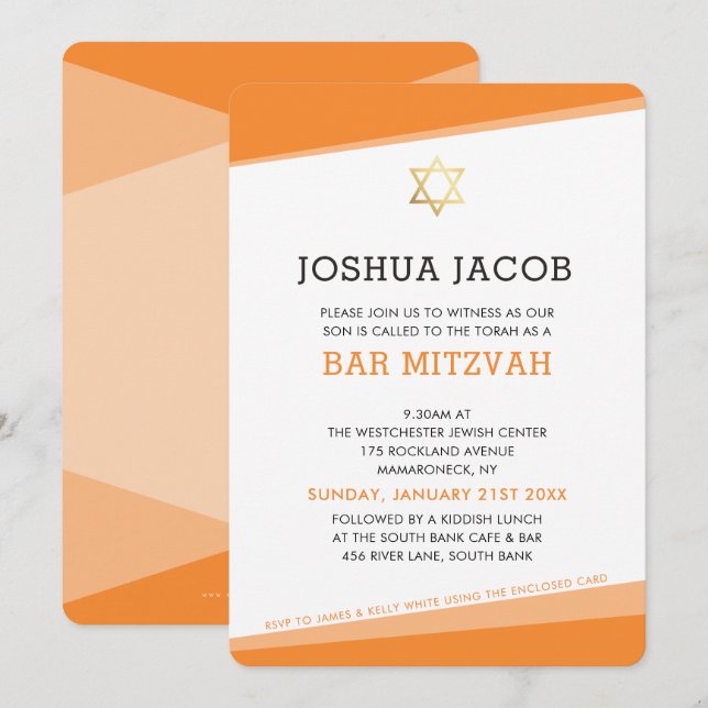 Convite BAR MITZVAH CONVIDA simples laranja robusta (Frente/Verso)