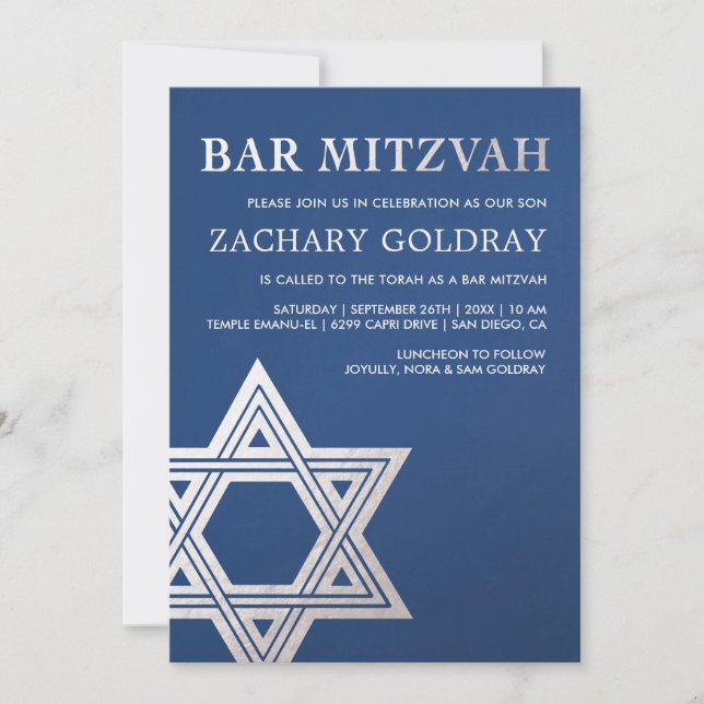 Convite Bar Mitzvah Convites| Faux Silver Foil Star (Frente)