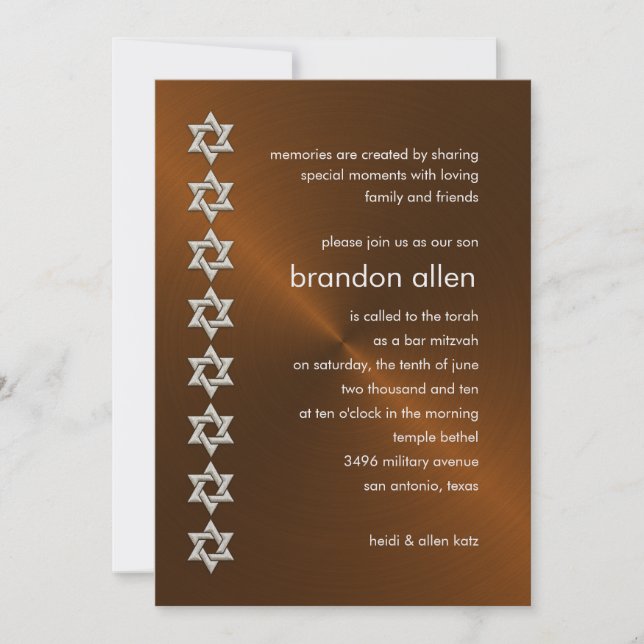 Convite Bar Mitzvah Copper Sheen Silver Stars de David (Frente)