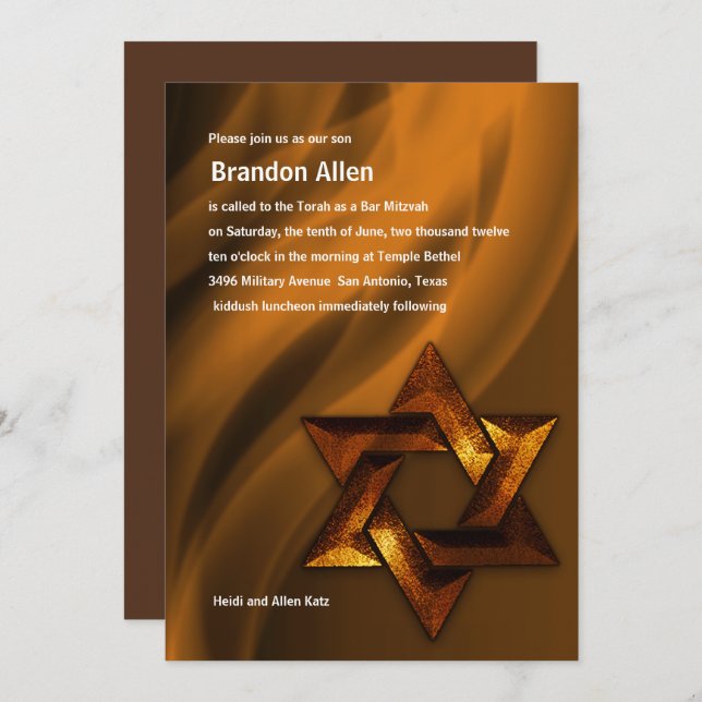 Convite Bar Mitzvah Copper Star de David (Frente/Verso)