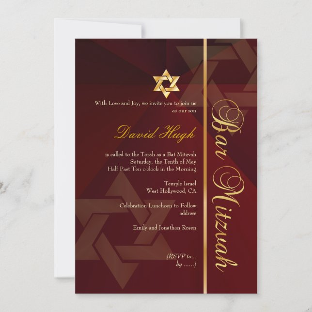 Convite Bar Mitzvah/crimson vermelho/ouro (Frente)
