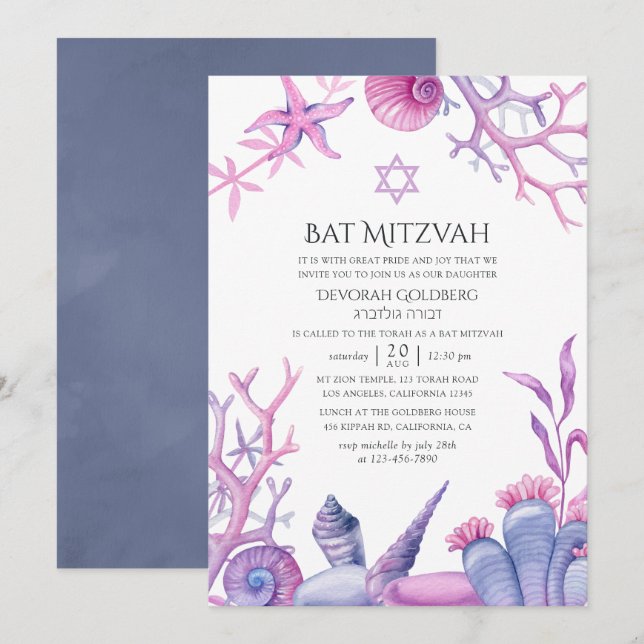 Convite Bar Mitzvah de Aguarela Vida Oceânica (Frente/Verso)