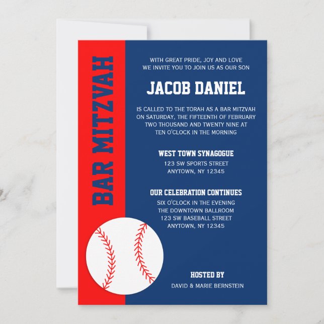Convite Bar Mitzvah de Beisebol Azul Vermelho (Frente)