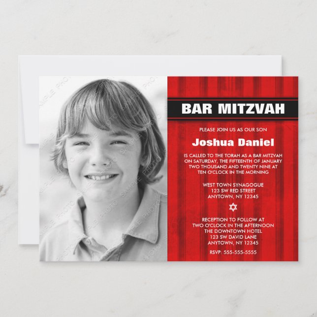 Convite Bar Mitzvah  de Fotografias Black Vermelho (Frente)
