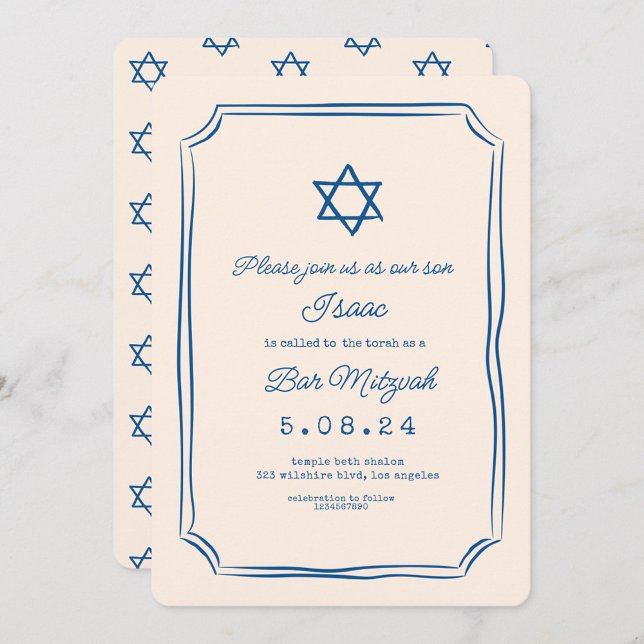Convite Bar Mitzvah de Manuscrito Branco Azul (Criador carregado)