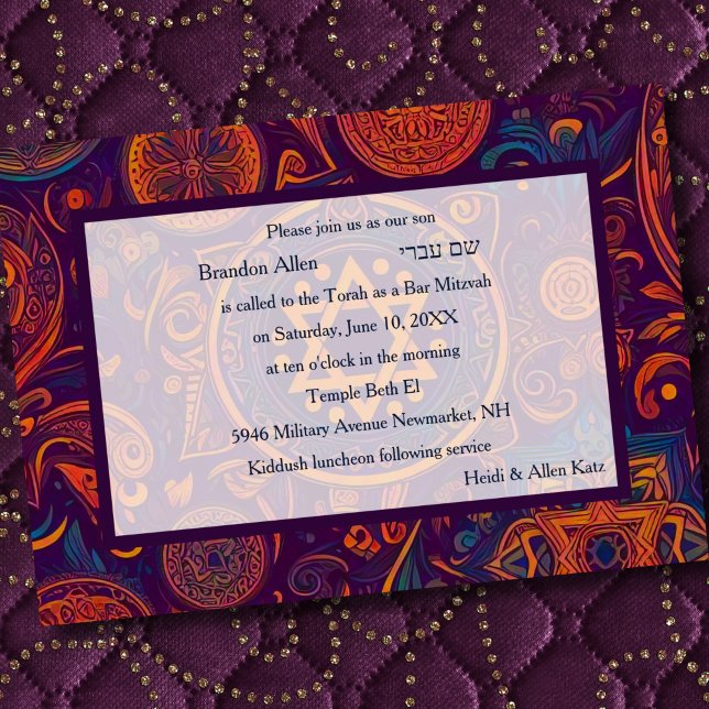 Convite Bar Mitzvah Design Abstrato Laranja Roxo (Criador carregado)