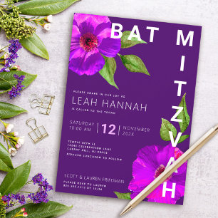 Convite Bar Mitzvah do Morcego Roxo Moderno Floral Aquarel