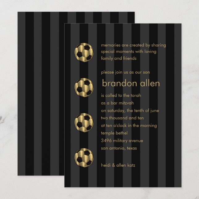 Convite Bar Mitzvah Dourada e bola de futebol negra (Frente/Verso)