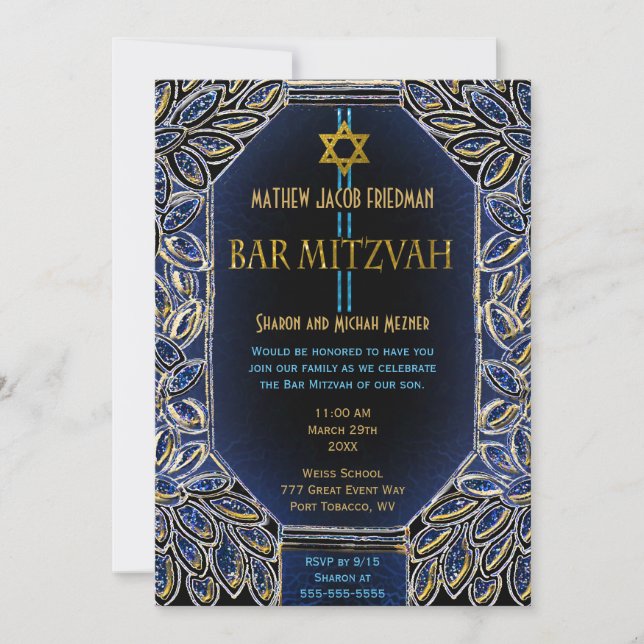 Convite Bar Mitzvah Dourado e Azul (Frente)
