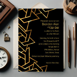 Convite Bar Mitzvah Dourado e Estrela Negra de David