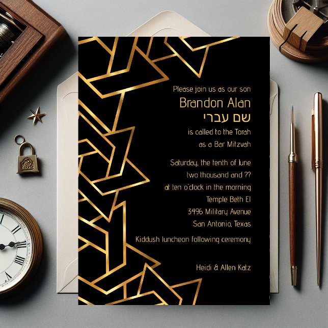 Convite Bar Mitzvah Dourado e Estrela Negra de David (Criador carregado)
