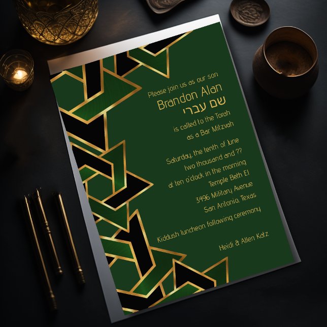 Convite Bar Mitzvah Dourado Verde Preto Estrela de Davi (Criador carregado)