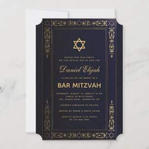 Convite Bar Mitzvah Elegante Azul Marinho Dourado Estrela 