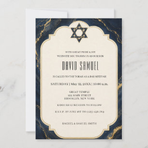 Convite Bar Mitzvah Elegante de Mármore Azul-Marinho