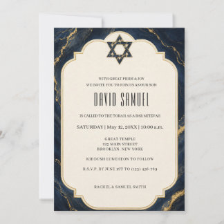 Convite Bar Mitzvah Elegante de Mármore Azul-Marinho