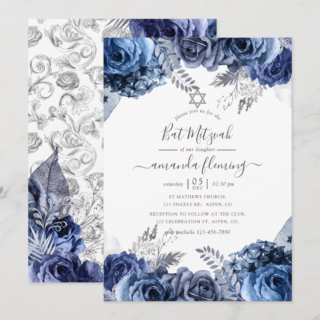 Convite Bar Mitzvah em azul marinho e branco com floral em (Frente/Verso)