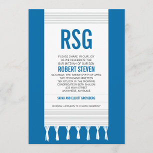 Convite Bar Mitzvah, em Monograma White Stripe Tallit